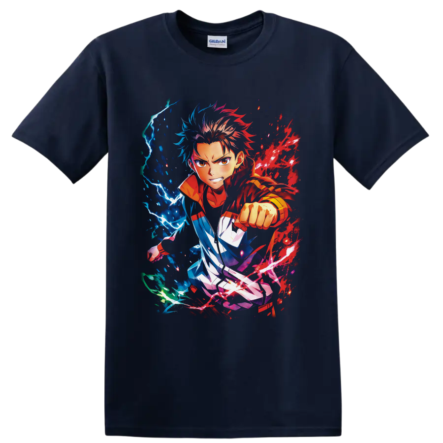 Yuji Itadori anime action art with red energy splashes and blue lightning on a Navy (Blue) T Shirt