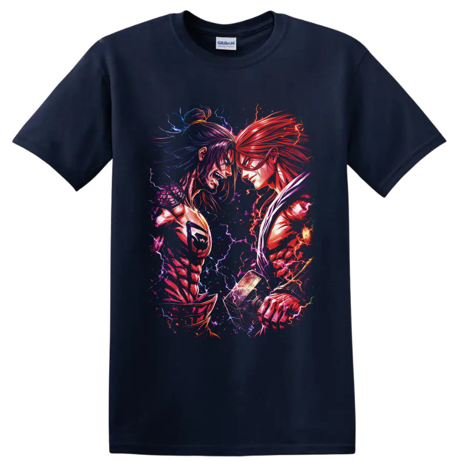 Thor vs Lu Bu anime battle art with red and blue lightning and glowing hammer on a Navy (Blue) T Shirt