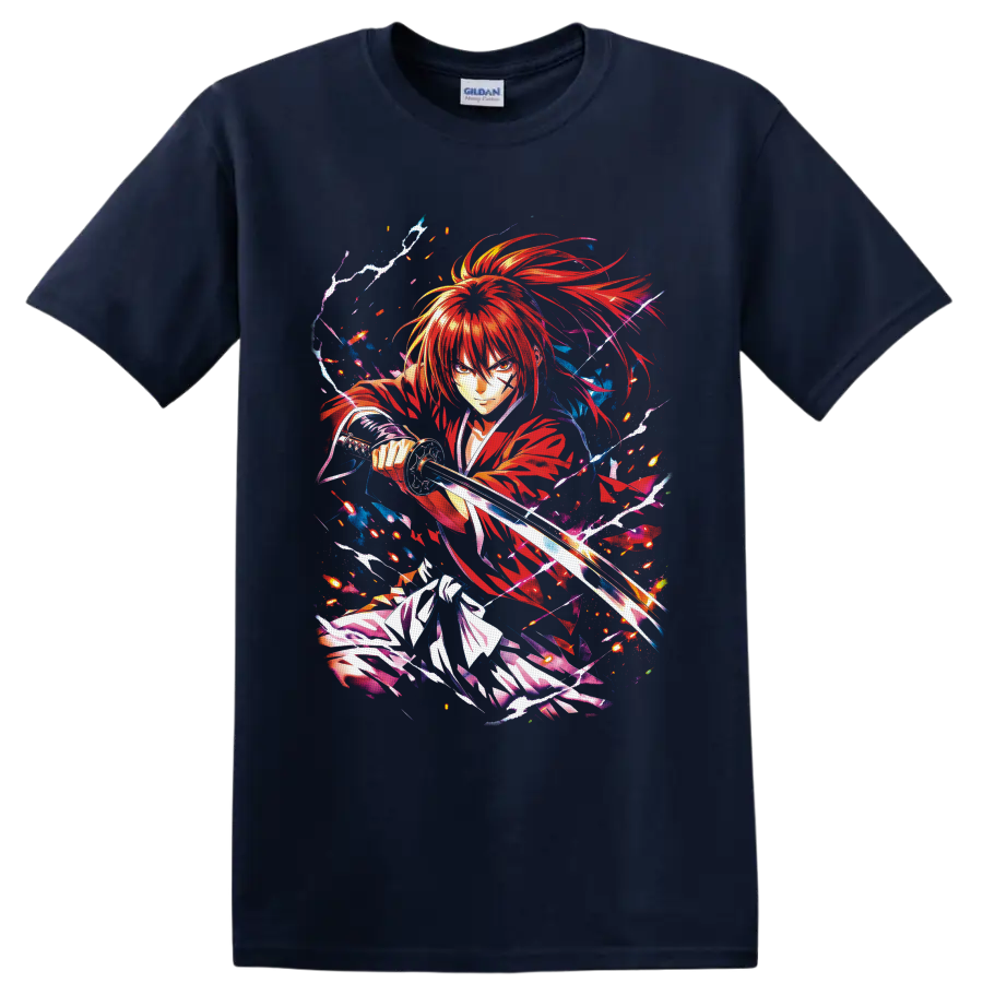 Himura Kenshin anime swordfighter graphic with red robes, sparks, and lightning on a Navy (Blue) T Shirt