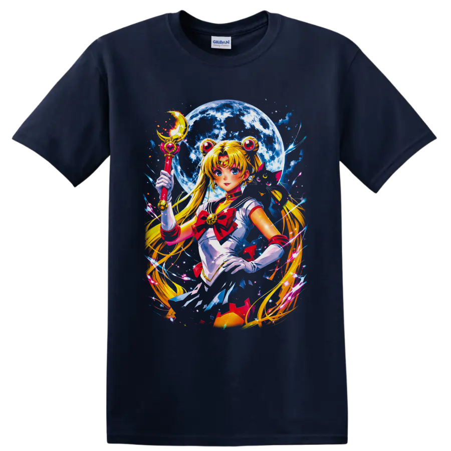 Usagi Tsukino Sailor Moon anime art with crescent wand, full moon, and stars on a Navy (Blue) T Shirt