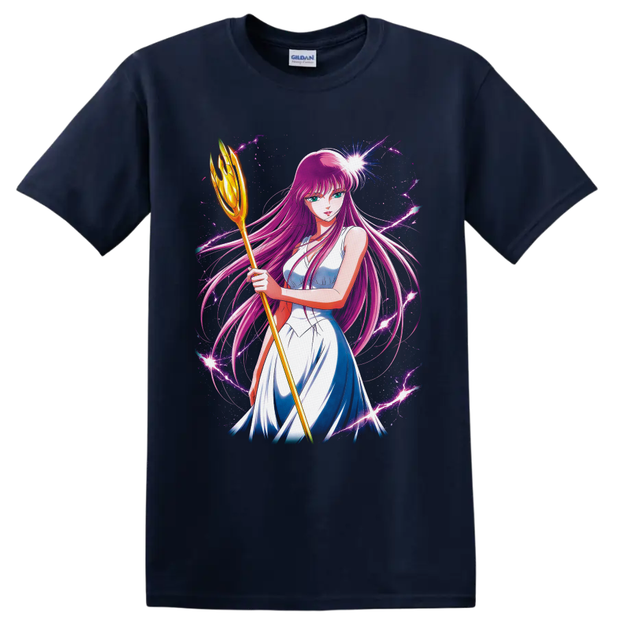Saori Kido as Athena with golden staff amid cosmic purple lightning on a Navy (Blue) T Shirt