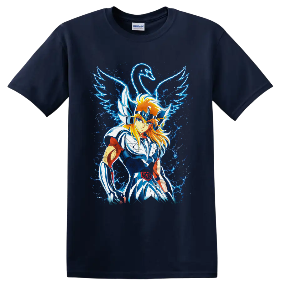 Cygnus Hyoga in swan armor with a glowing swan and electric blue lightning on a Navy (Blue) T Shirt