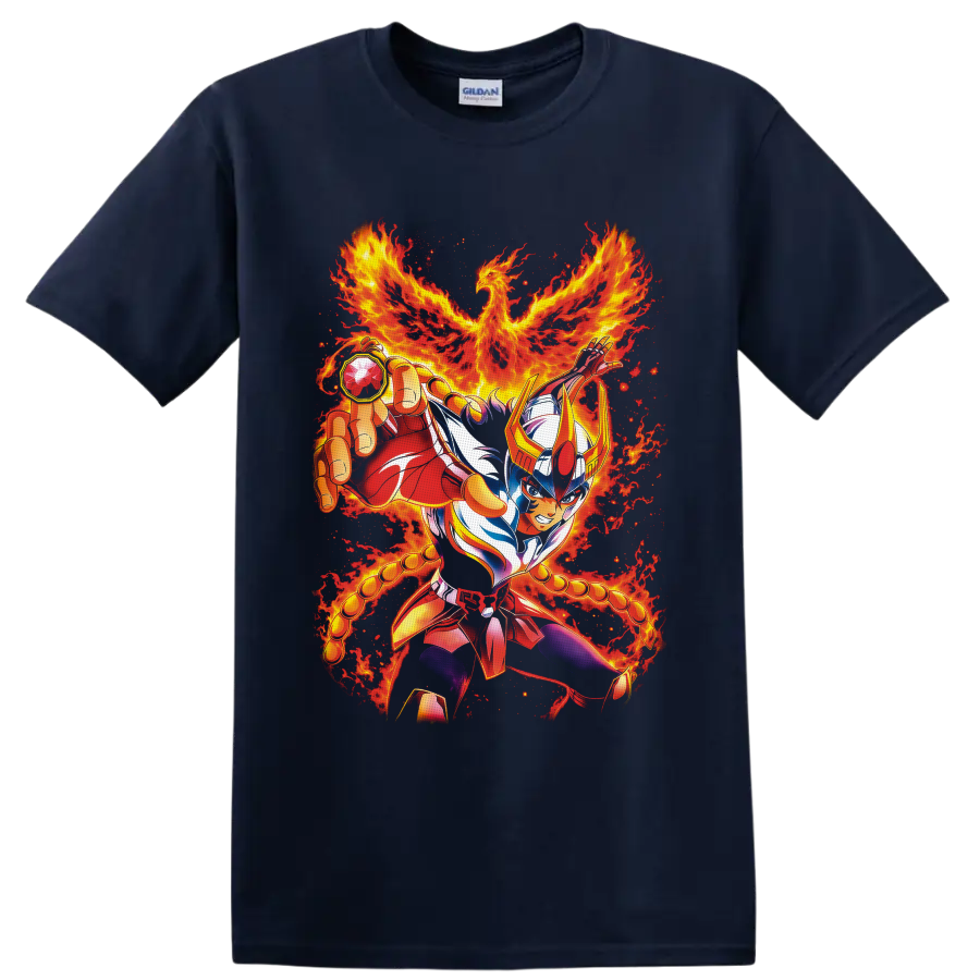 Phoenix Ikki armored warrior with a blazing fire phoenix in vivid anime art on a Navy (Blue) T Shirt