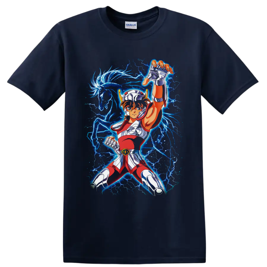 Pegasus Seiya in silver armor with blue lightning and glowing winged horse artwork on a Navy (Blue) T Shirt