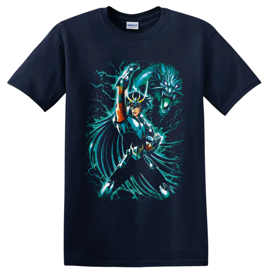 Dragon Shiryu in teal armor with spectral dragon and cyan lightning on a Navy (Blue) T Shirt