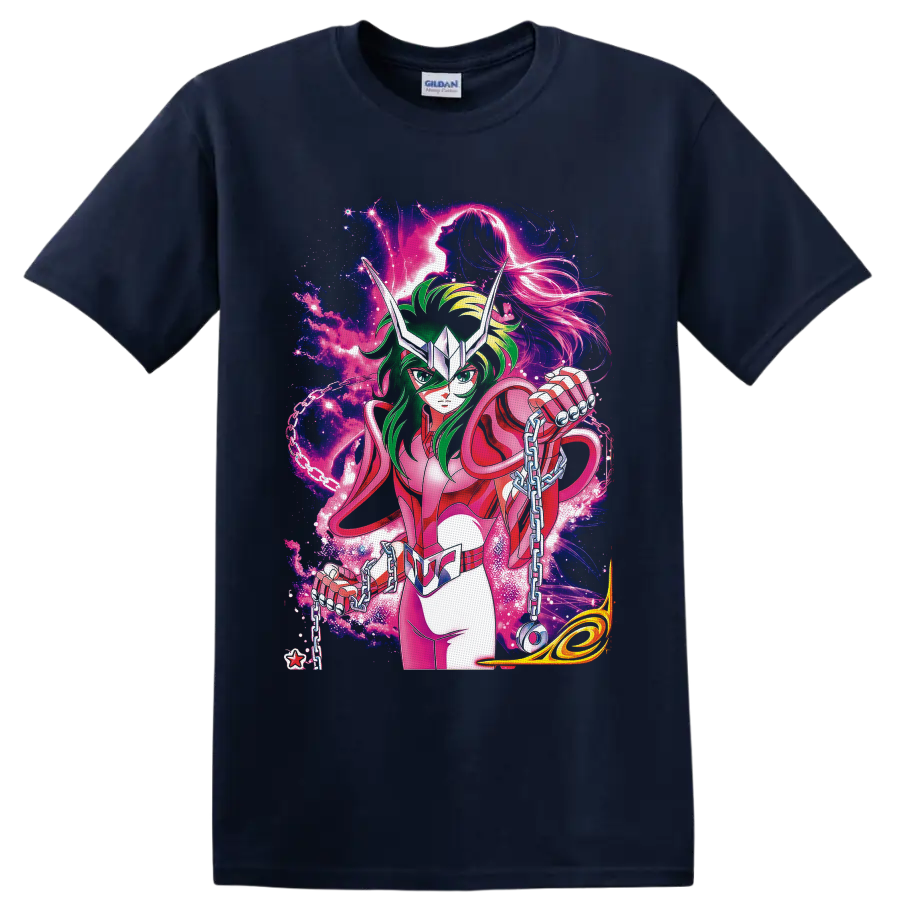 Andromeda Shun in pink armor with chains amid neon cosmic anime art on a Navy (Blue) T Shirt