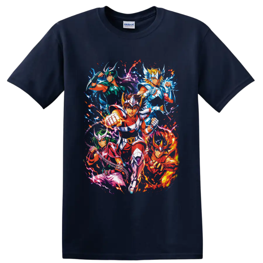 Pegasus Seiya and Bronze Saints in vibrant cosmic anime battle artwork on a Navy (Blue) T Shirt