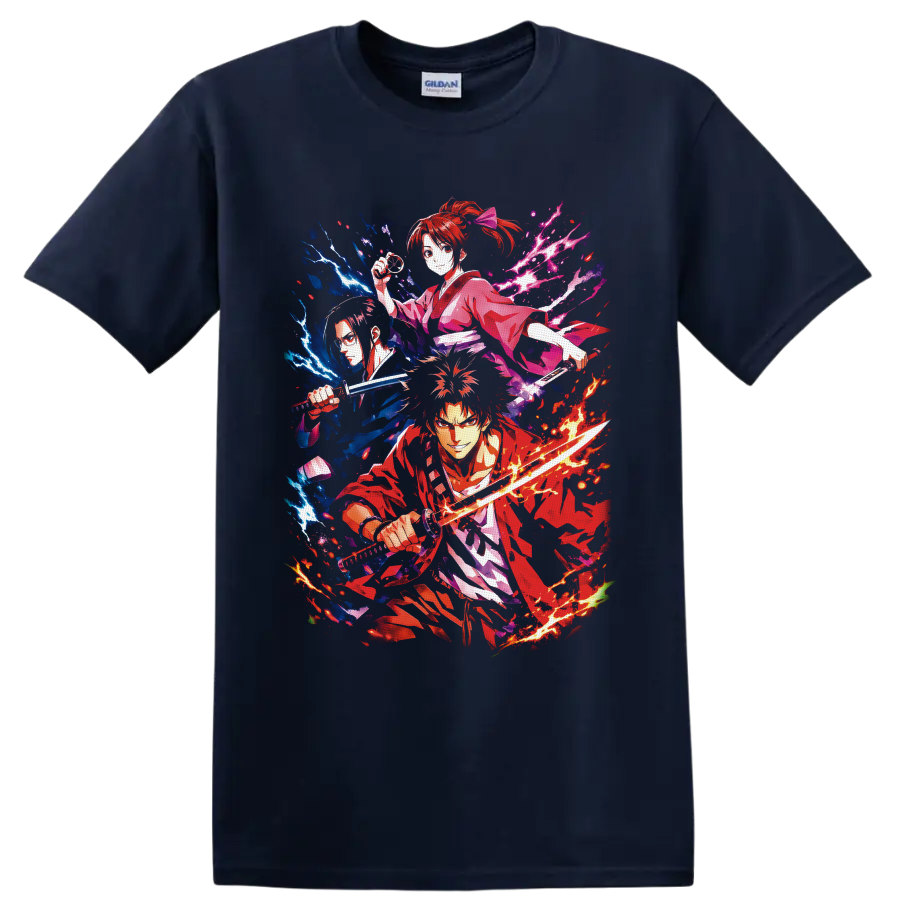 Gintoki Sakata anime sword fighter graphic with lightning, flames, and petals on a Navy (Blue) T Shirt