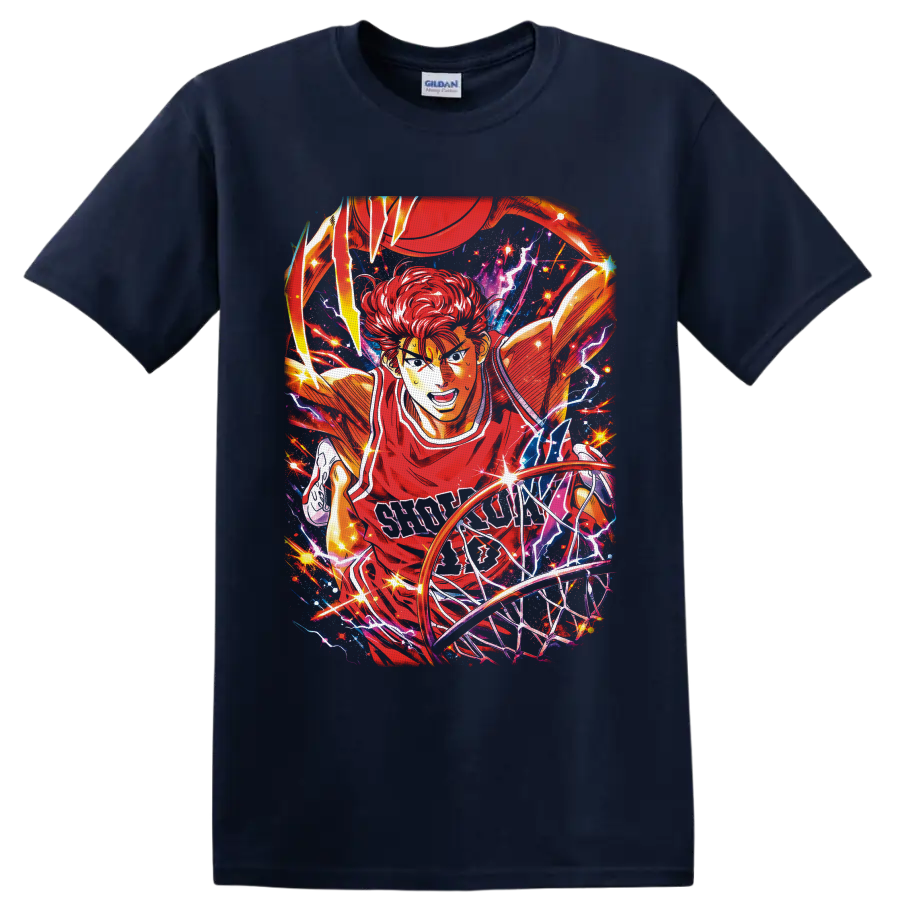 Hanamichi Sakuragi basketball anime art driving to the hoop with lightning and stars on a Navy (Blue) T Shirt