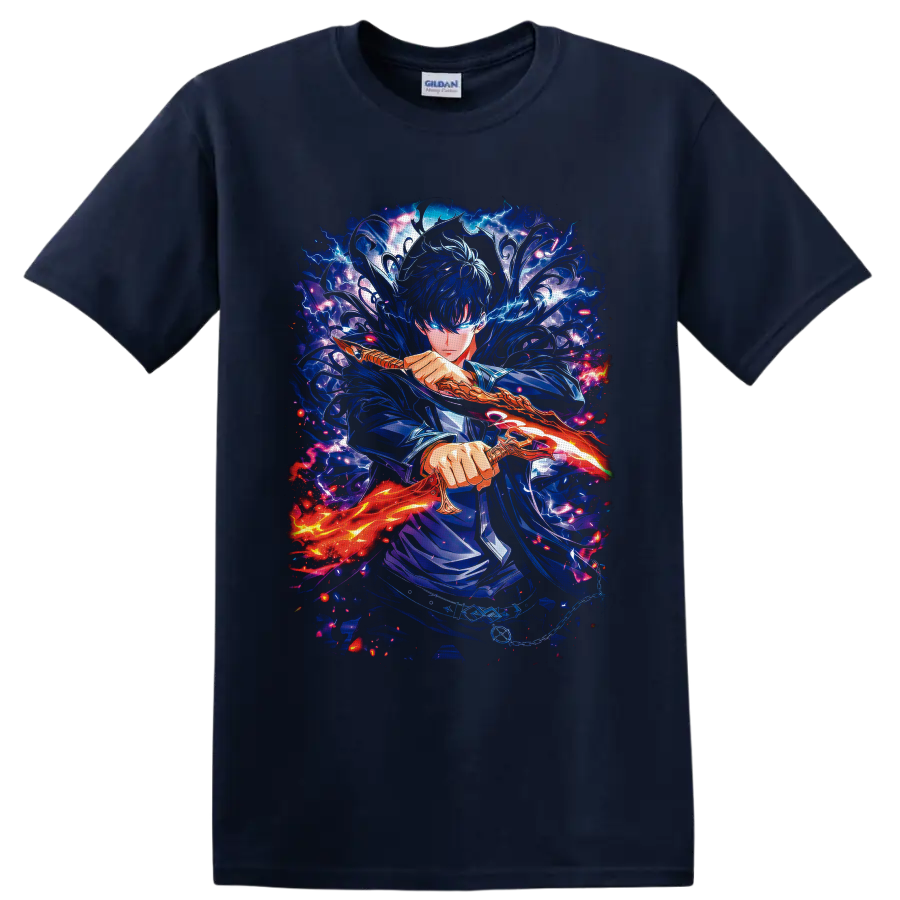 Sung Jin-Woo Solo Leveling anime warrior with glowing sword and blue lightning on a Navy (Blue) T Shirt