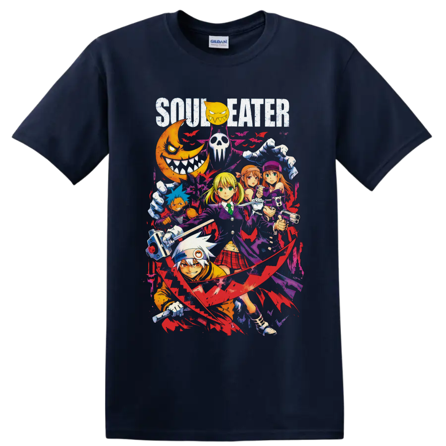Soul Eater Maka Albarn and character collage with bats, scythe, moon, and gothic splatter on a Navy (Blue) T Shirt