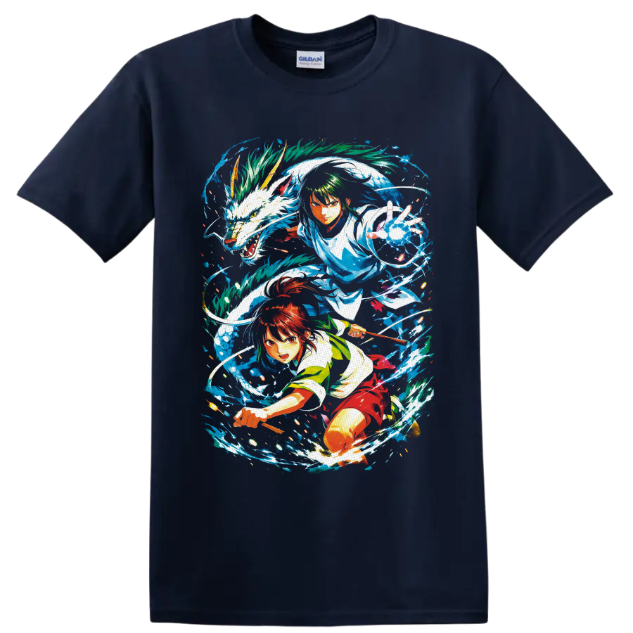 Shin and Lu Xiaotang anime crossover with white dragon and swirling blue water on a Navy (Blue) T Shirt
