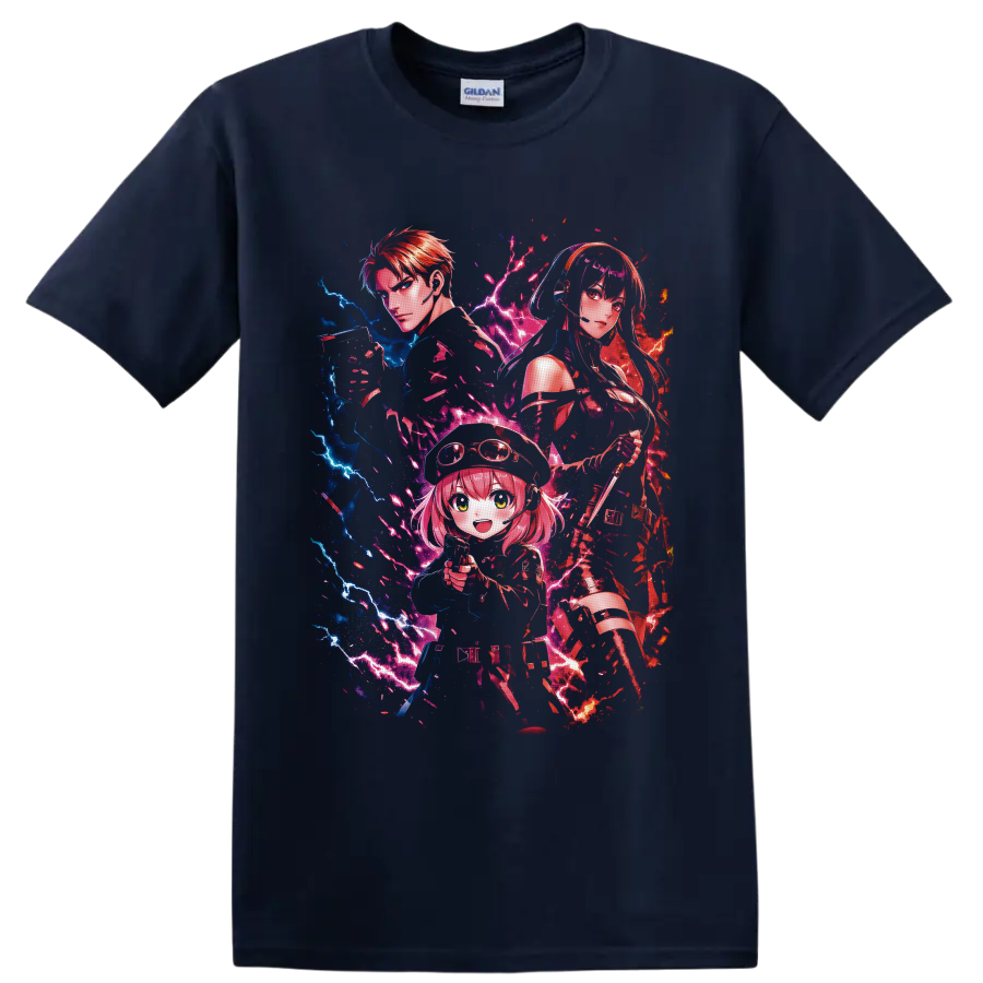 Spy x Family Loid, Yor, and Anya anime art with neon lightning and colorful splashes on a Navy (Blue) T Shirt