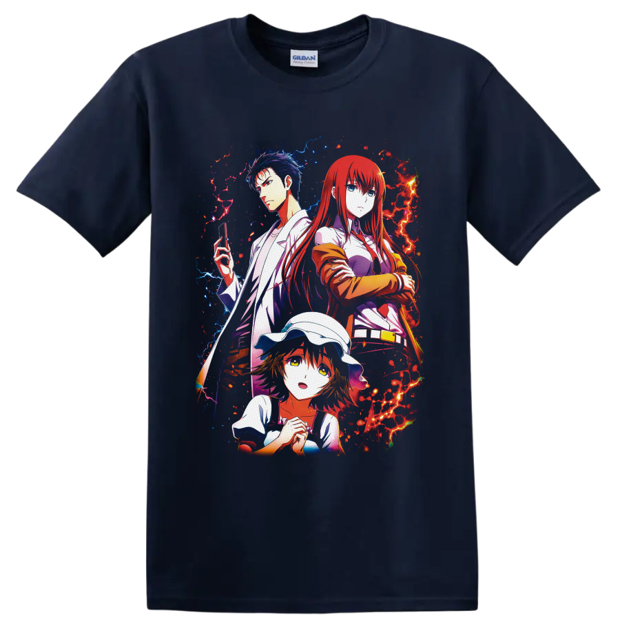 Steins;Gate Rintaro, Kurisu, and Mayuri anime art with red and blue energy on a Navy (Blue) T Shirt