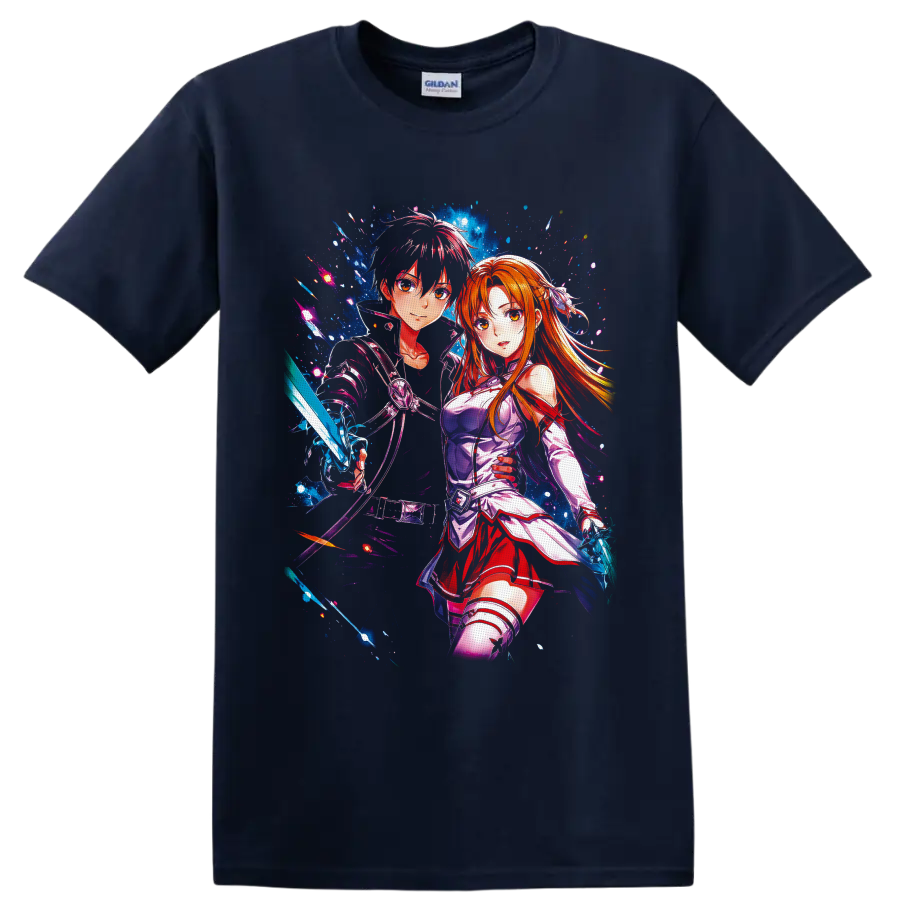 Kirito and Asuna Yuuki anime art with glowing swords and cosmic blue effects on a Navy (Blue) T Shirt