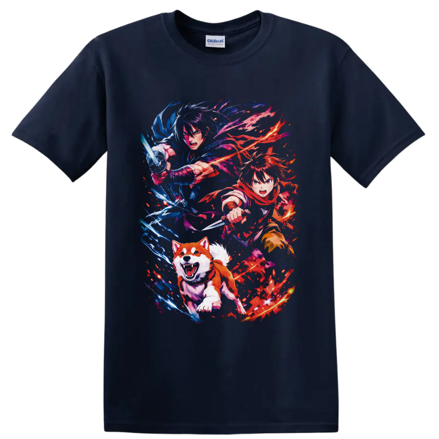 Ginga Nagareboshi Gin anime warriors and charging dog with blue and red energy on a Navy (Blue) T Shirt