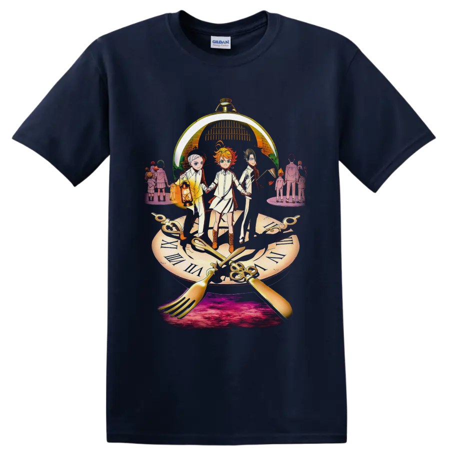Emma, Norman and Ray beneath a golden pocket watch in dramatic anime clock art on a Navy (Blue) T Shirt