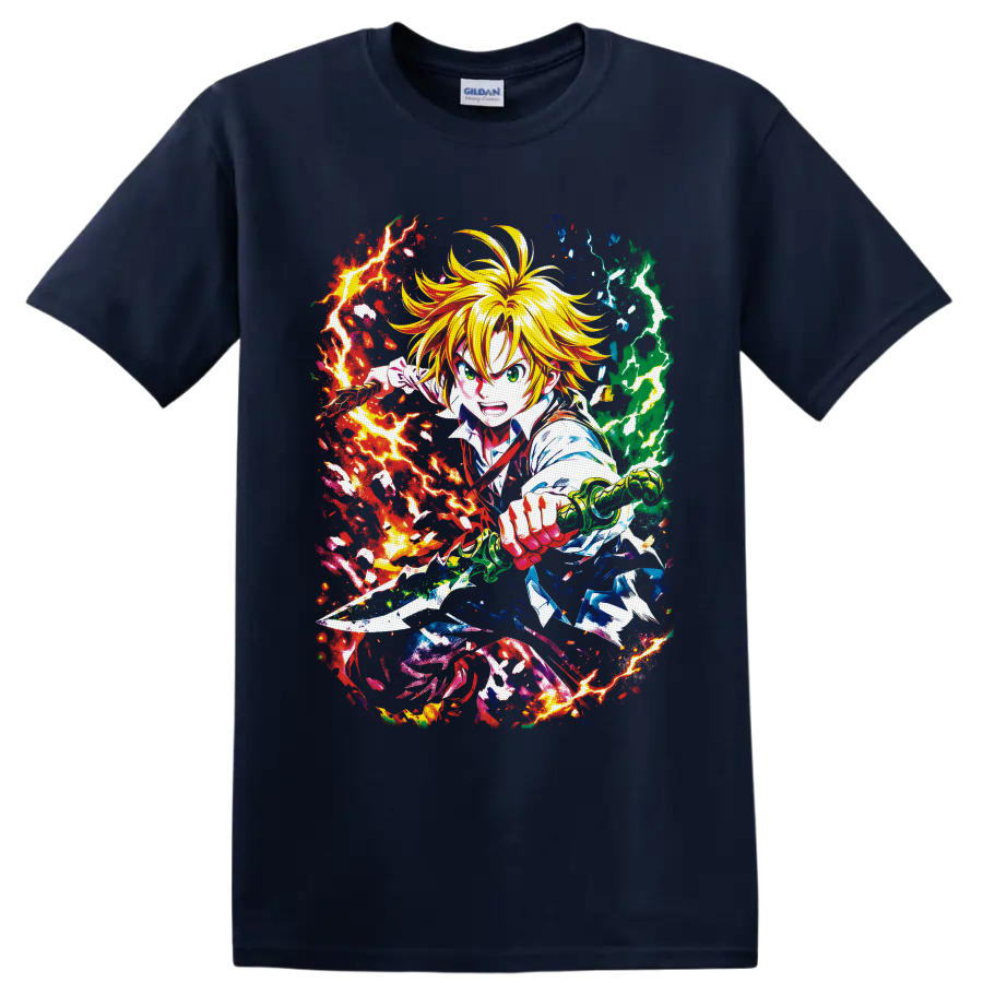 Meliodas with sword amid red, green, and blue lightning in dynamic anime battle art on a Navy (Blue) T Shirt