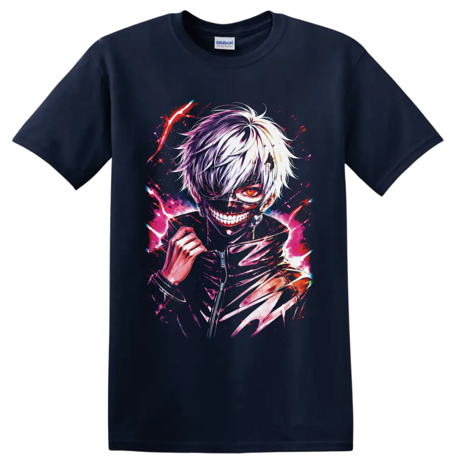 Ken Kaneki Tokyo Ghoul anime portrait with red eye, masked grin, and kagune claws on a Navy (Blue) T Shirt