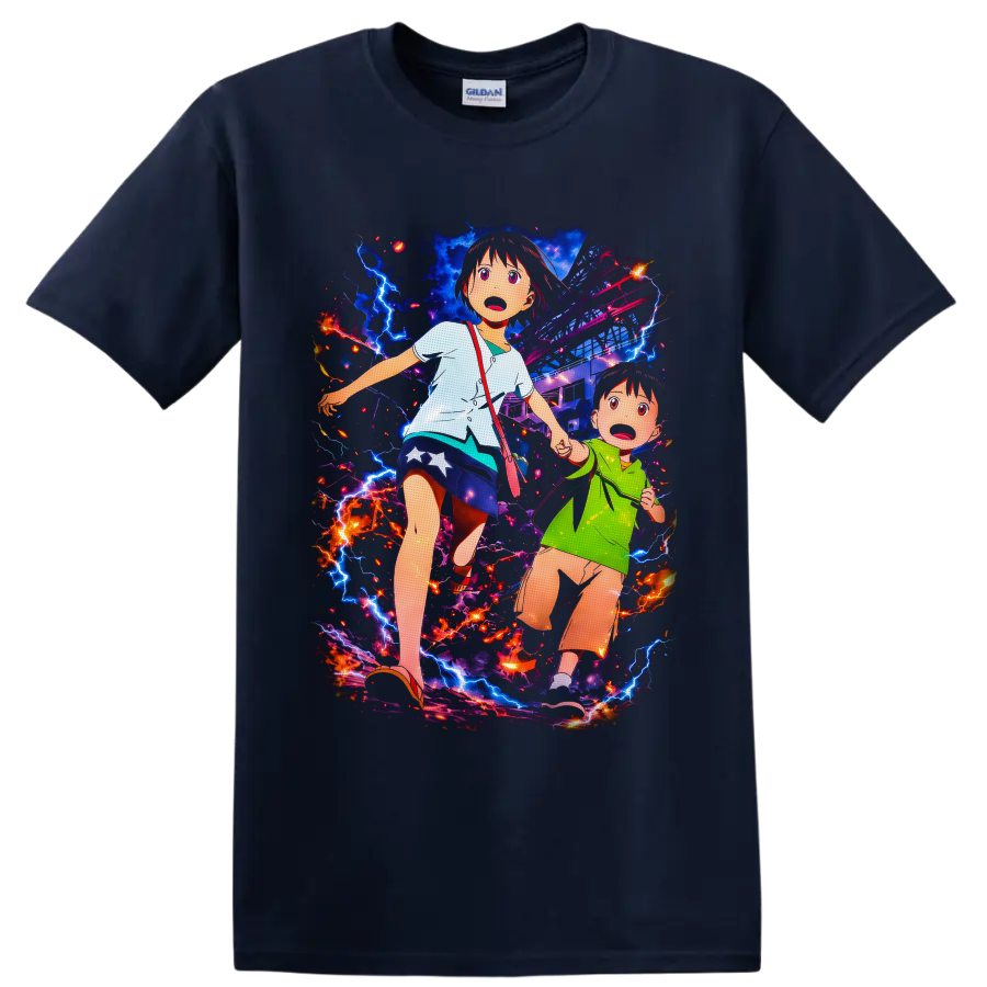 Mirai and Yuuki anime disaster scene with lightning, sparks, and a damaged city on a Navy (Blue) T Shirt
