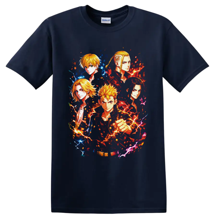 Tokyo Revengers character collage with Takemichi, Mikey, Draken, and fiery lightning on a Navy (Blue) T Shirt