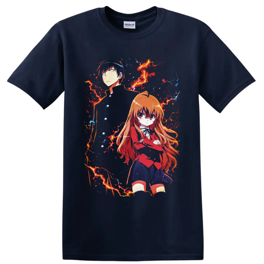 Taiga Aisaka and Ryuji Takasu anime art with red and blue lightning on a Navy (Blue) T Shirt