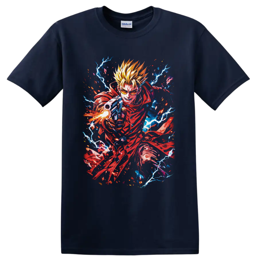Vash the Stampede in red coat with gunfire, lightning, and vivid anime action art on a Navy (Blue) T Shirt