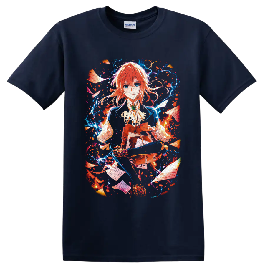 Violet Evergarden anime portrait with floating letters, petals, and glowing blue energy on a Navy (Blue) T Shirt