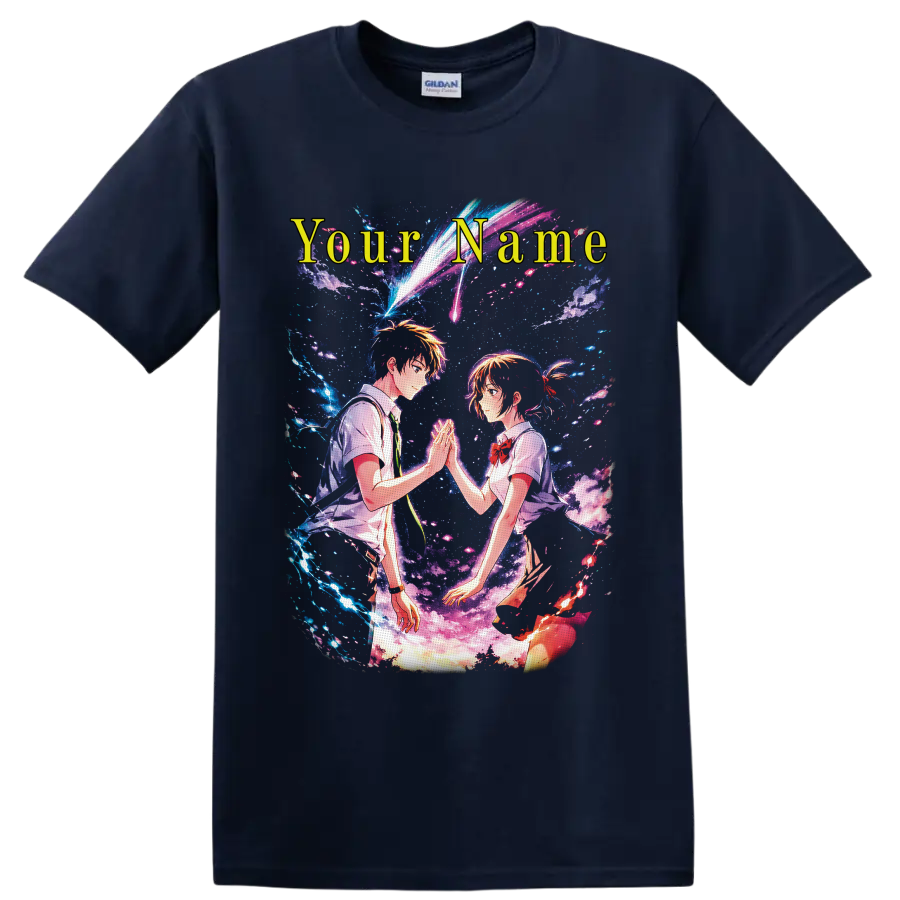 Yoshiki and Hikaru cosmic anime crossover with Your Name text and comet trails on a Navy (Blue) T Shirt