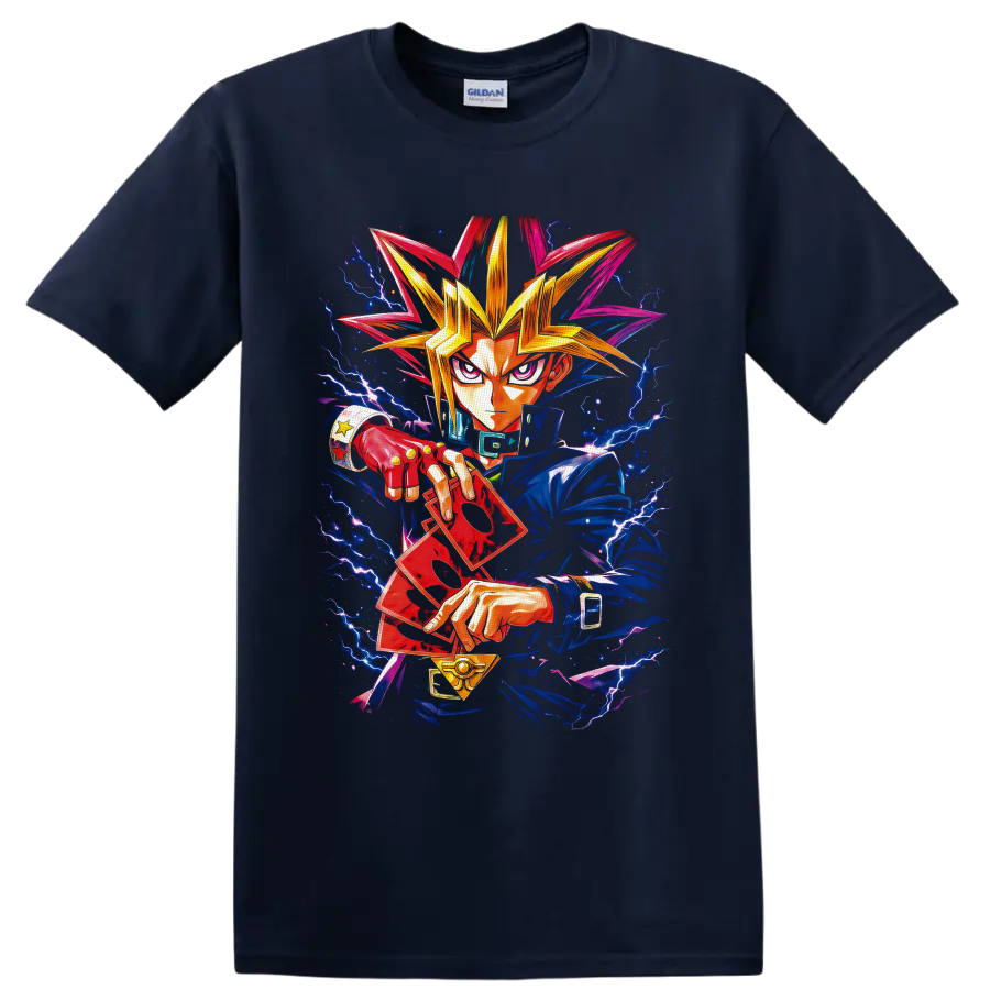 Yami Yugi with red duel cards, golden pendant, and electric lightning anime art on a Navy (Blue) T Shirt