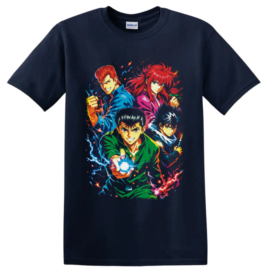 YuYu Hakusho team anime collage with Yusuke, Kuwabara, Kurama, Hiei and electric energy on a Navy (Blue) T Shirt