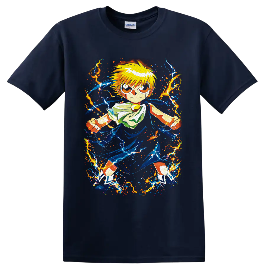 Zatch Bell anime hero surrounded by blue energy ribbons and orange lightning on a Navy (Blue) T Shirt