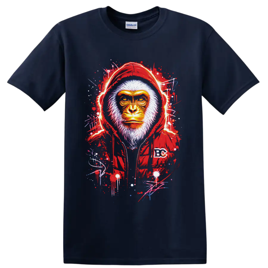 Fierce hooded gorilla portrait with paint splatters and graffiti-style strokes on a Navy (Blue) T Shirt
