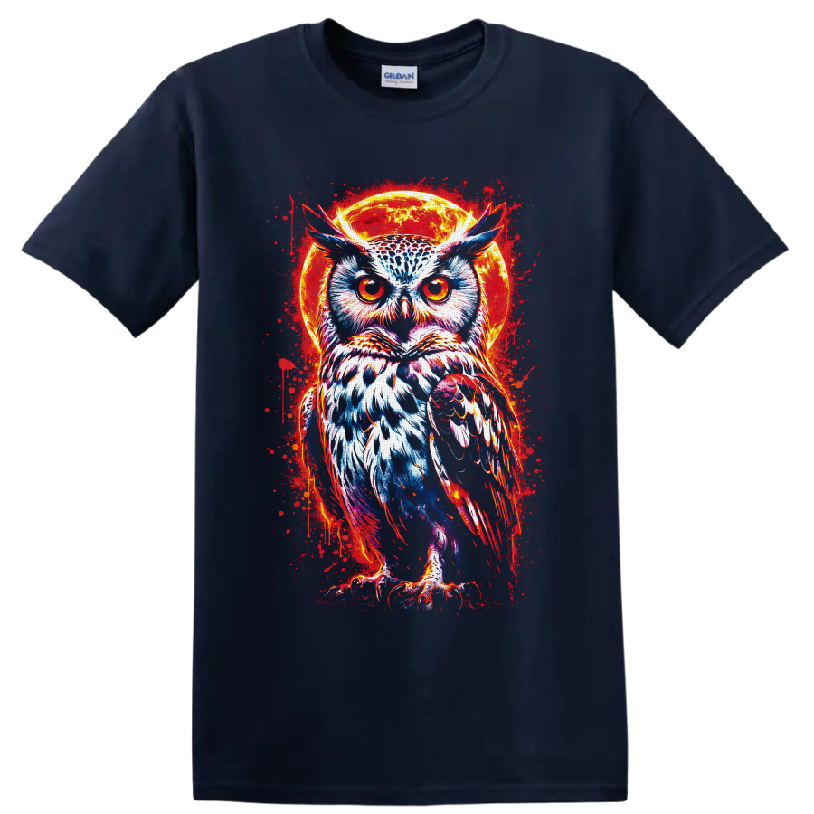 Neon owl with fiery eyes before a glowing moon in vivid gothic splatter art on a Navy (Blue) T Shirt