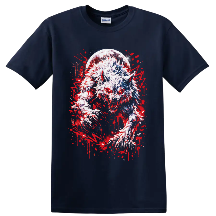 Snarling werewolf beneath a full moon in red splatter gothic horror art on a Navy (Blue) T Shirt