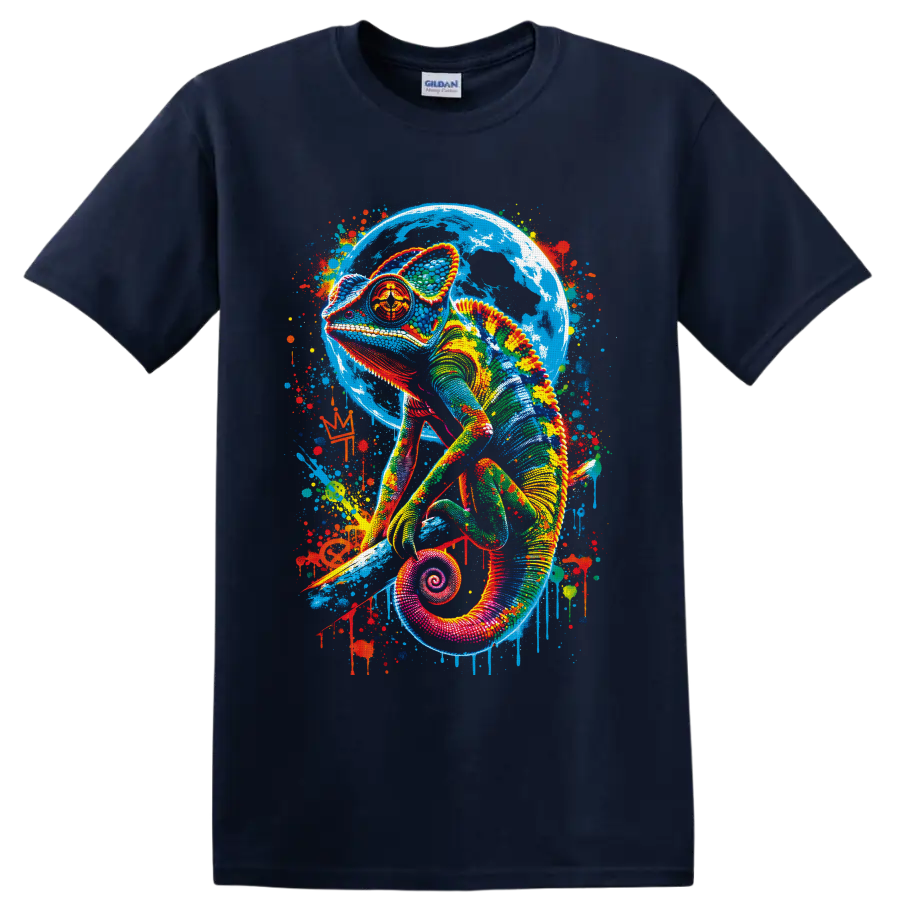 Colorful chameleon with blue moon backdrop and vibrant paint-splatter graffiti art on a Navy (Blue) T Shirt