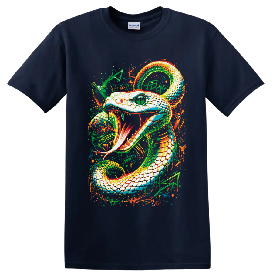 Neon graffiti-style coiled cobra with fangs, green eye, and paint splatters on a Navy (Blue) T Shirt