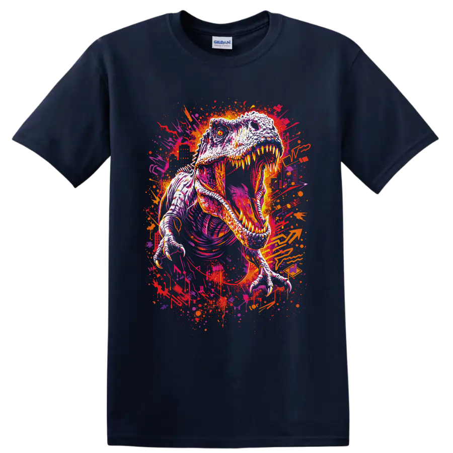 Roaring Tyrannosaurus rex in neon graffiti art with paint splatters on a Navy (Blue) T Shirt
