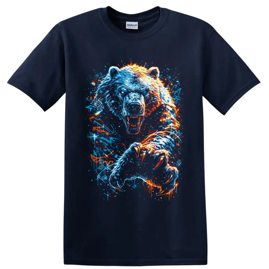 Roaring polar bear with neon blue and orange graffiti-style claws on a Navy (Blue) T Shirt
