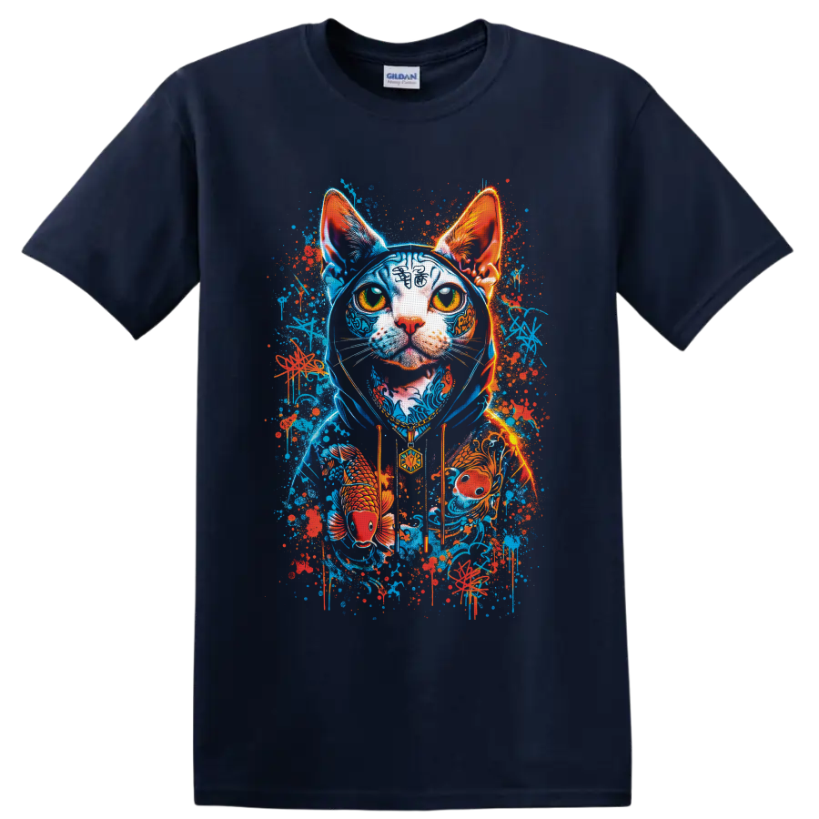 Neon graffiti hairless cat portrait with koi fish, waves, and paint splatters on a Navy (Blue) T Shirt