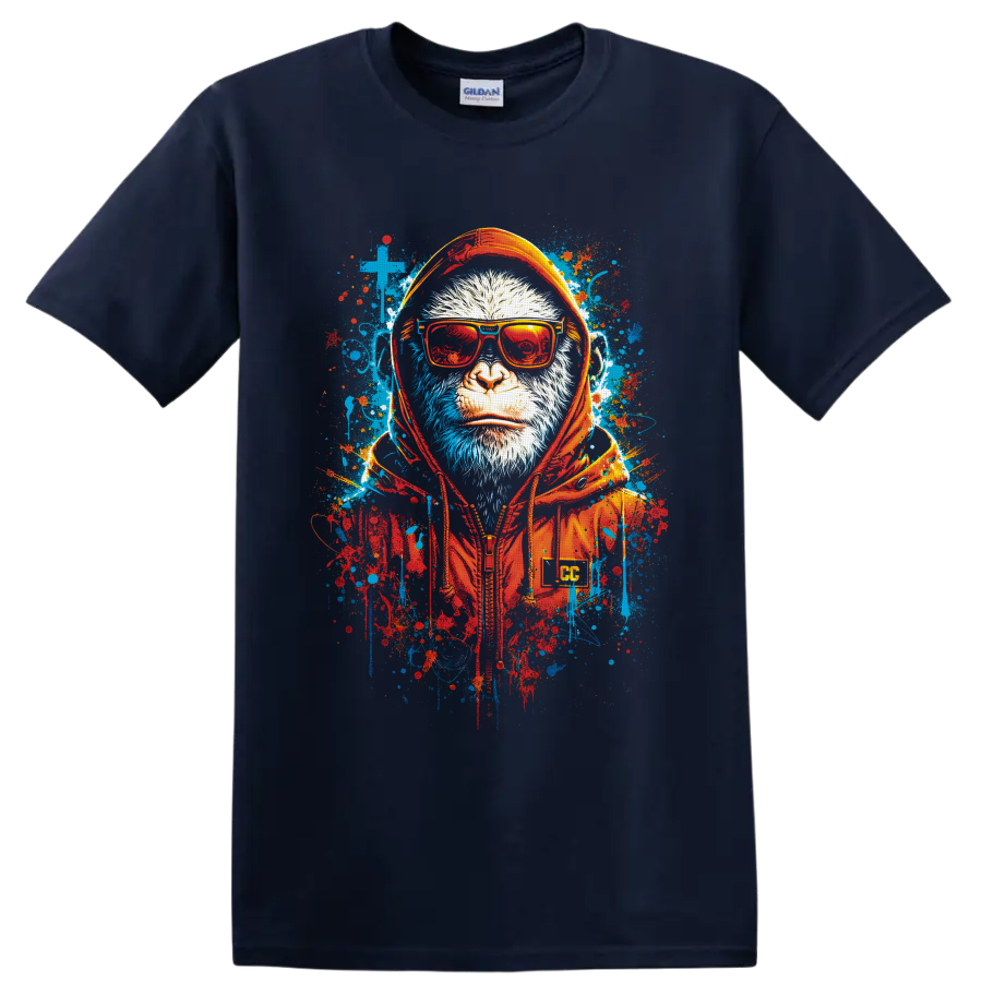 Monkey in red sunglasses and orange headphones with blue and red graffiti splatters on a Navy (Blue) T Shirt
