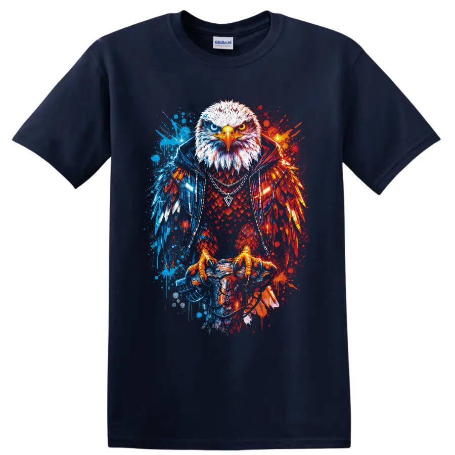 Fierce bald eagle with split red and blue graffiti splatter wings on a Navy (Blue) T Shirt
