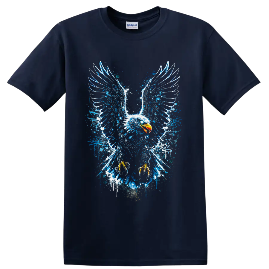 Bald eagle with electric blue grunge wings, splatters, and golden talons on a Navy (Blue) T Shirt