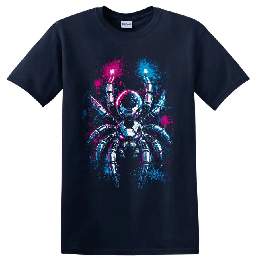 Chrome cyberpunk robotic spider with electric blue and hot pink paint splashes on a Navy (Blue) T Shirt