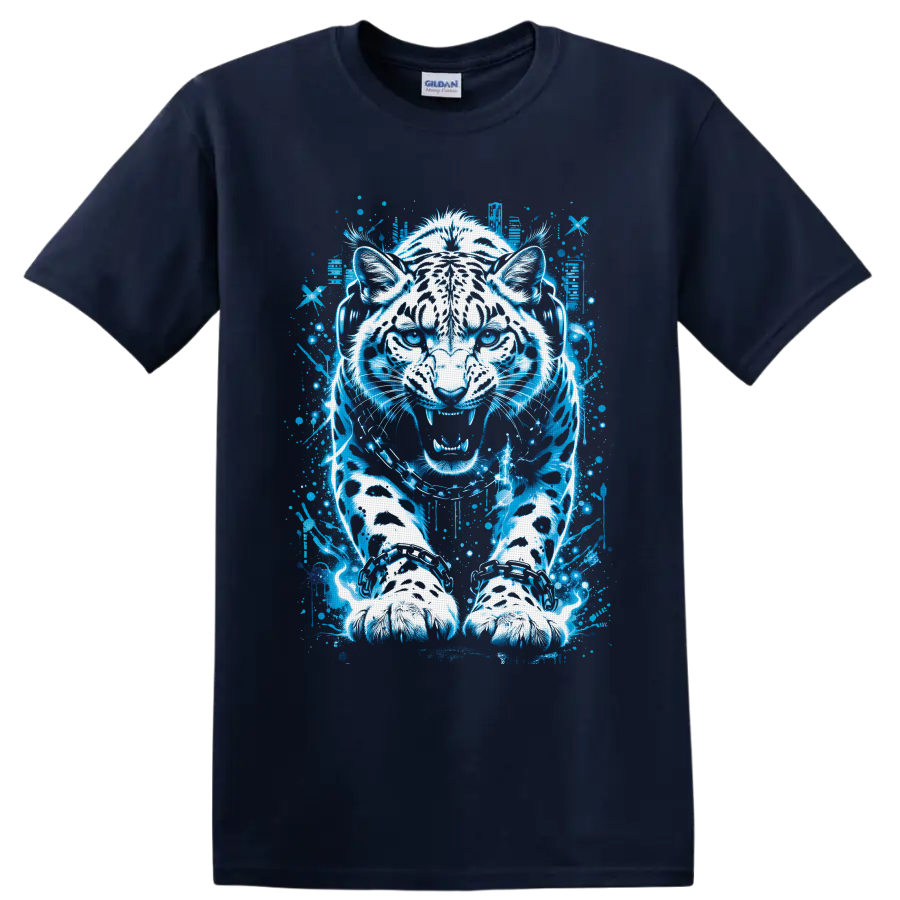 White tiger in headphones with neon blue graffiti-style splatter artwork on a Navy (Blue) T Shirt