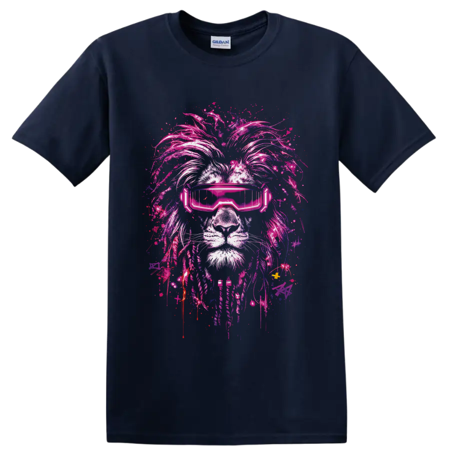 Cyberpunk lion portrait with neon pink visor and paint-splattered graffiti mane on a Navy (Blue) T Shirt