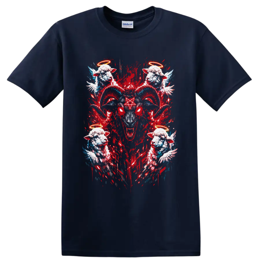 Gothic horned ram with pentagram, angel lambs, halos, wings, and red grunge art on a Navy (Blue) T Shirt
