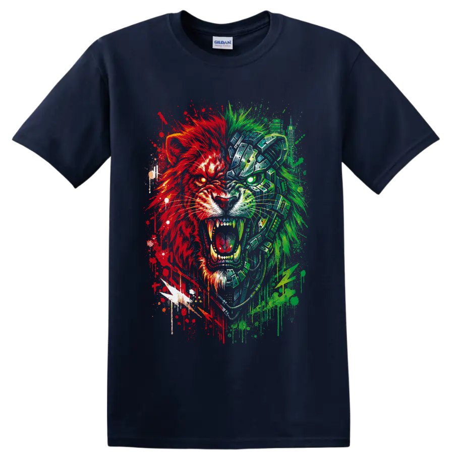 Roaring cyborg lion in red and green glitch graffiti art on a Navy (Blue) T Shirt