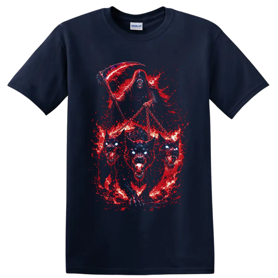 Grim reaper with scythe and chains above a fiery three-headed hellhound on a Navy (Blue) T Shirt
