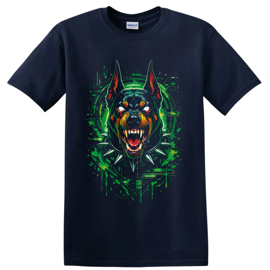 Angry bulldog in headphones and spiked collar with distressed graffiti art on a Navy (Blue) T Shirt